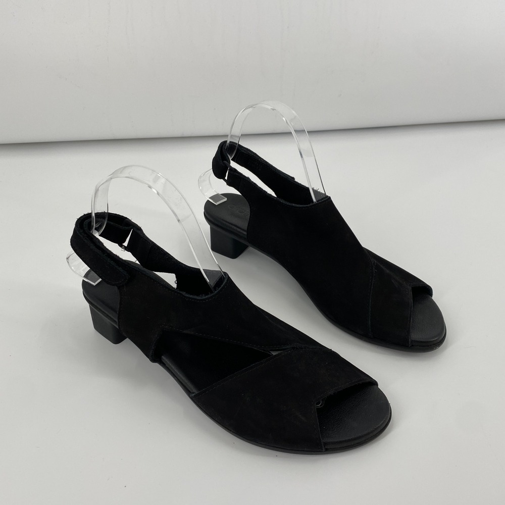 Arche Sandals Women 39 Black Suede Peep Toe Low Block Heel Slingback